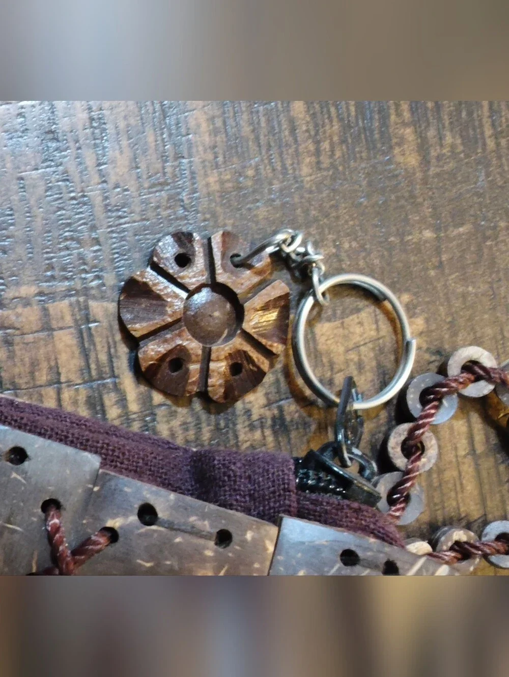 Handcrafted Thai Coconut Shell Cross-Stitch Shoulder Bag in Brown-Tone